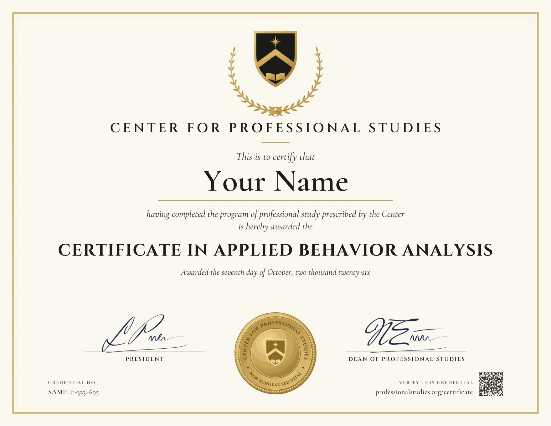 Sample Certificate in Applied Behavior Analysis, with the actual CPS award design and illustrative name, date and credential ID