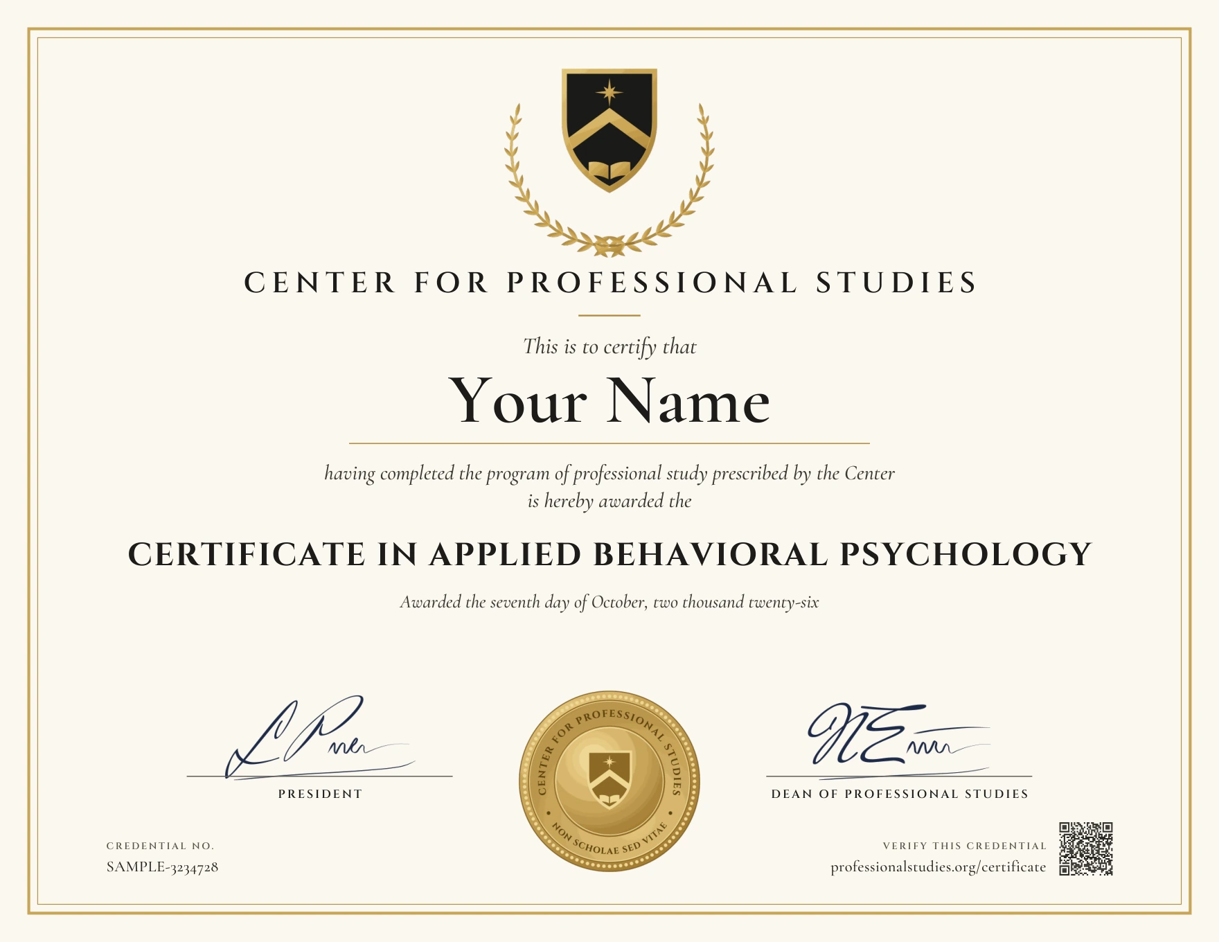 Sample Certificate in Applied Behavioral Psychology, with the actual CPS award design and illustrative name, date and credential ID