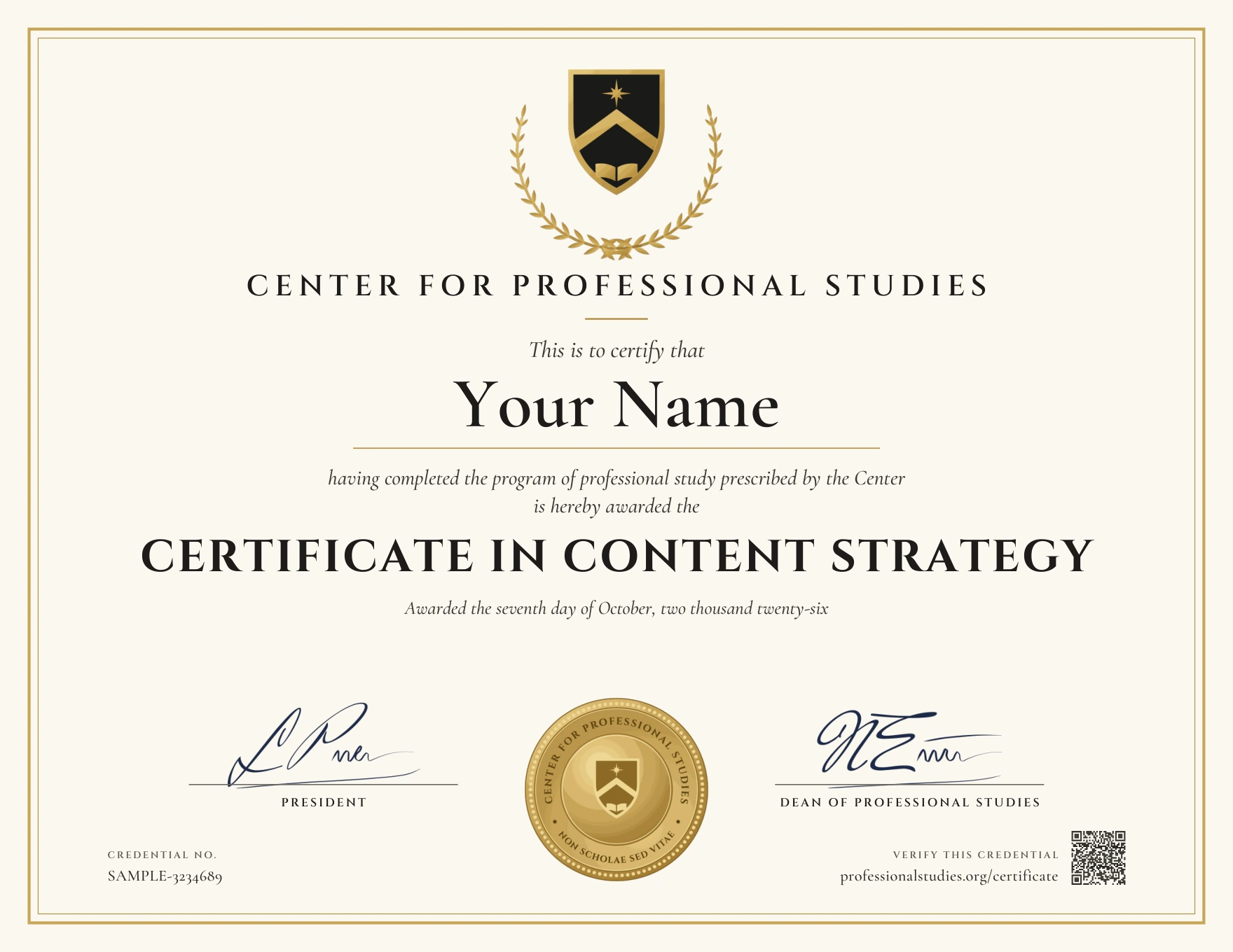 Sample Certificate in Content Strategy, with the actual CPS award design and illustrative name, date and credential ID