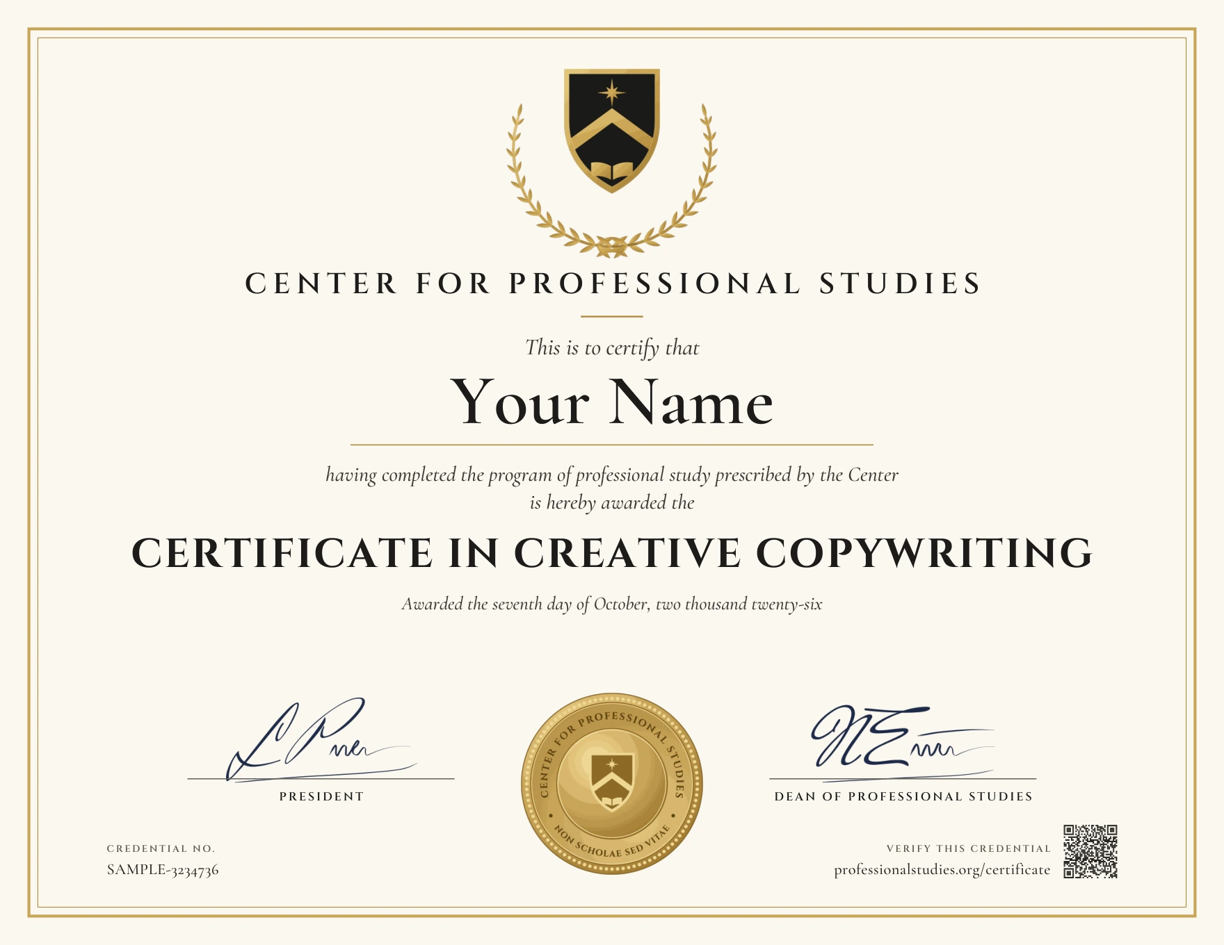 Sample Certificate in Creative Copywriting, with the actual CPS award design and illustrative name, date and credential ID