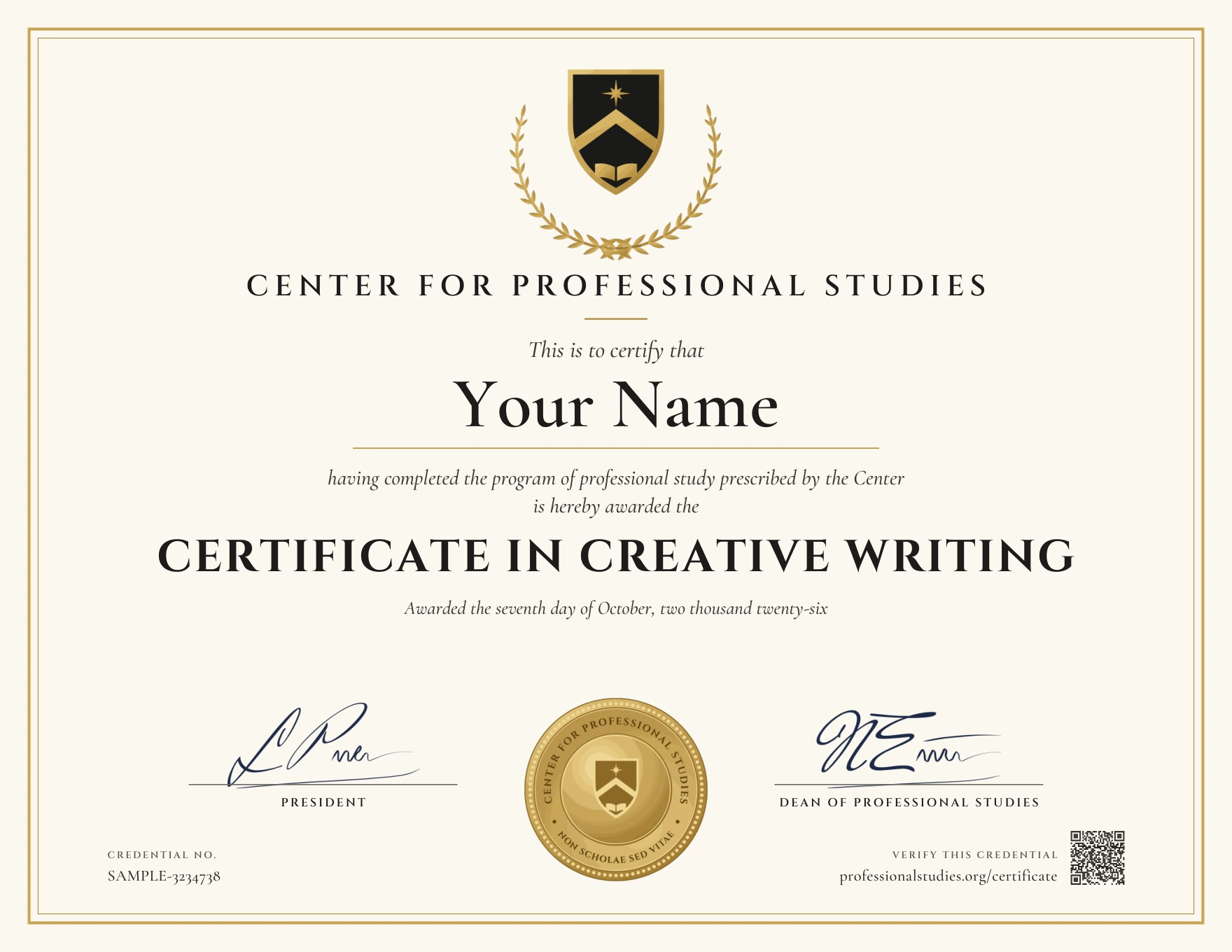 Sample Certificate in Creative Writing, with the actual CPS award design and illustrative name, date and credential ID