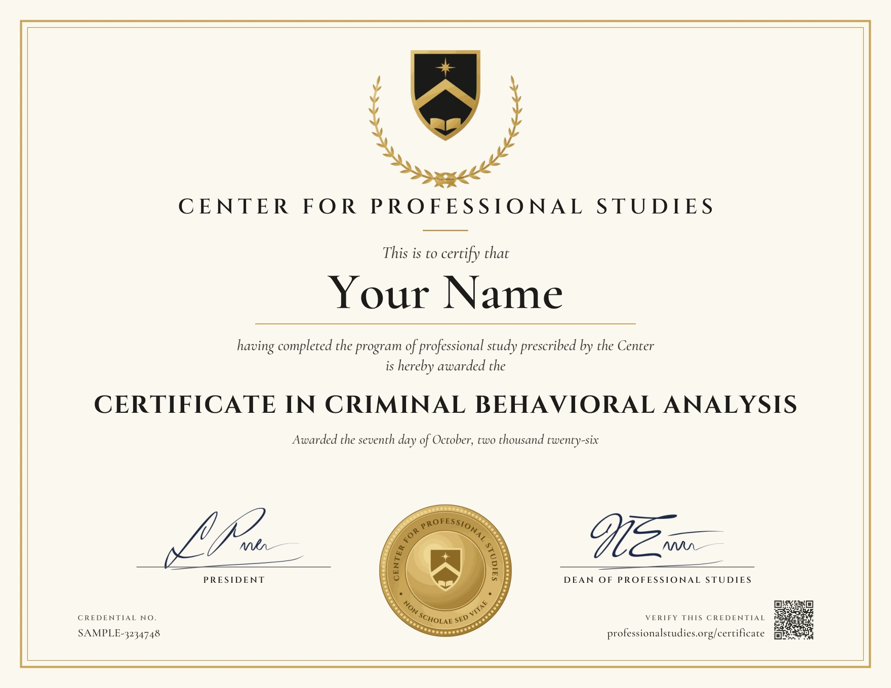 Sample Certificate in Criminal Behavioral Analysis, with the actual CPS award design and illustrative name, date and credential ID