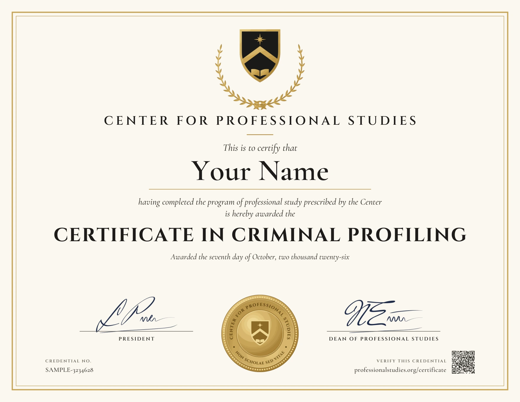 Sample Certificate in Criminal Profiling, with the actual CPS award design and illustrative name, date and credential ID