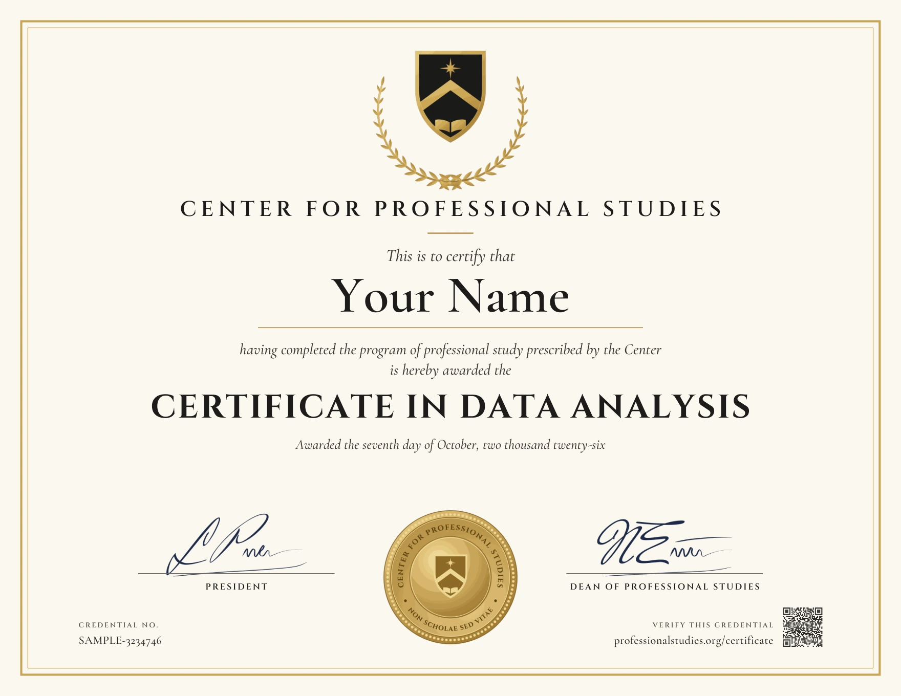 Sample Certificate in Data Analysis, with the actual CPS award design and illustrative name, date and credential ID