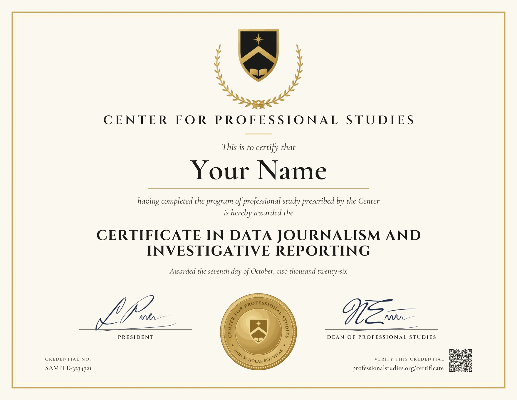 Sample Certificate in Data Journalism and Investigative Reporting, with the actual CPS award design and illustrative name, date and credential ID