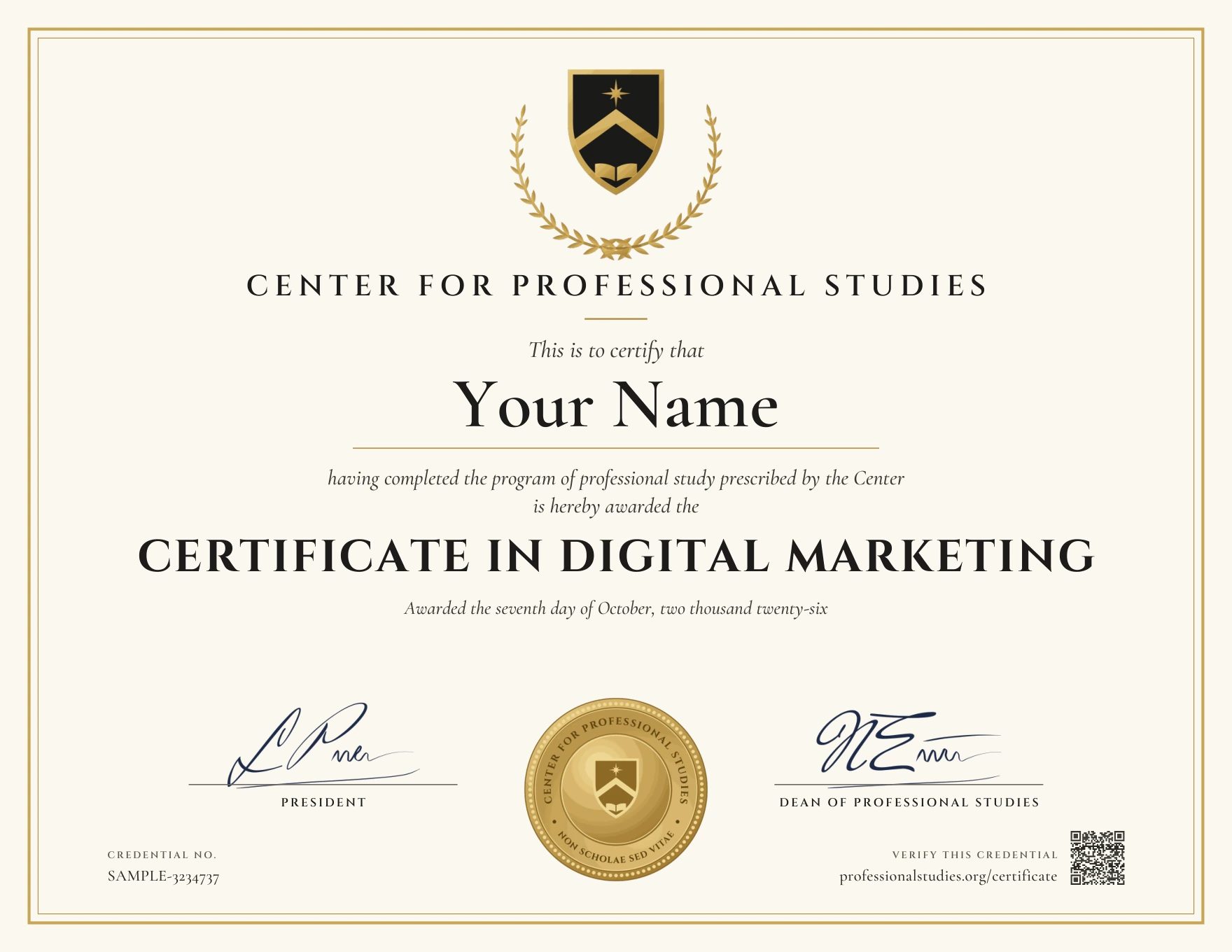 Sample Certificate in Digital Marketing, with the actual CPS award design and illustrative name, date and credential ID