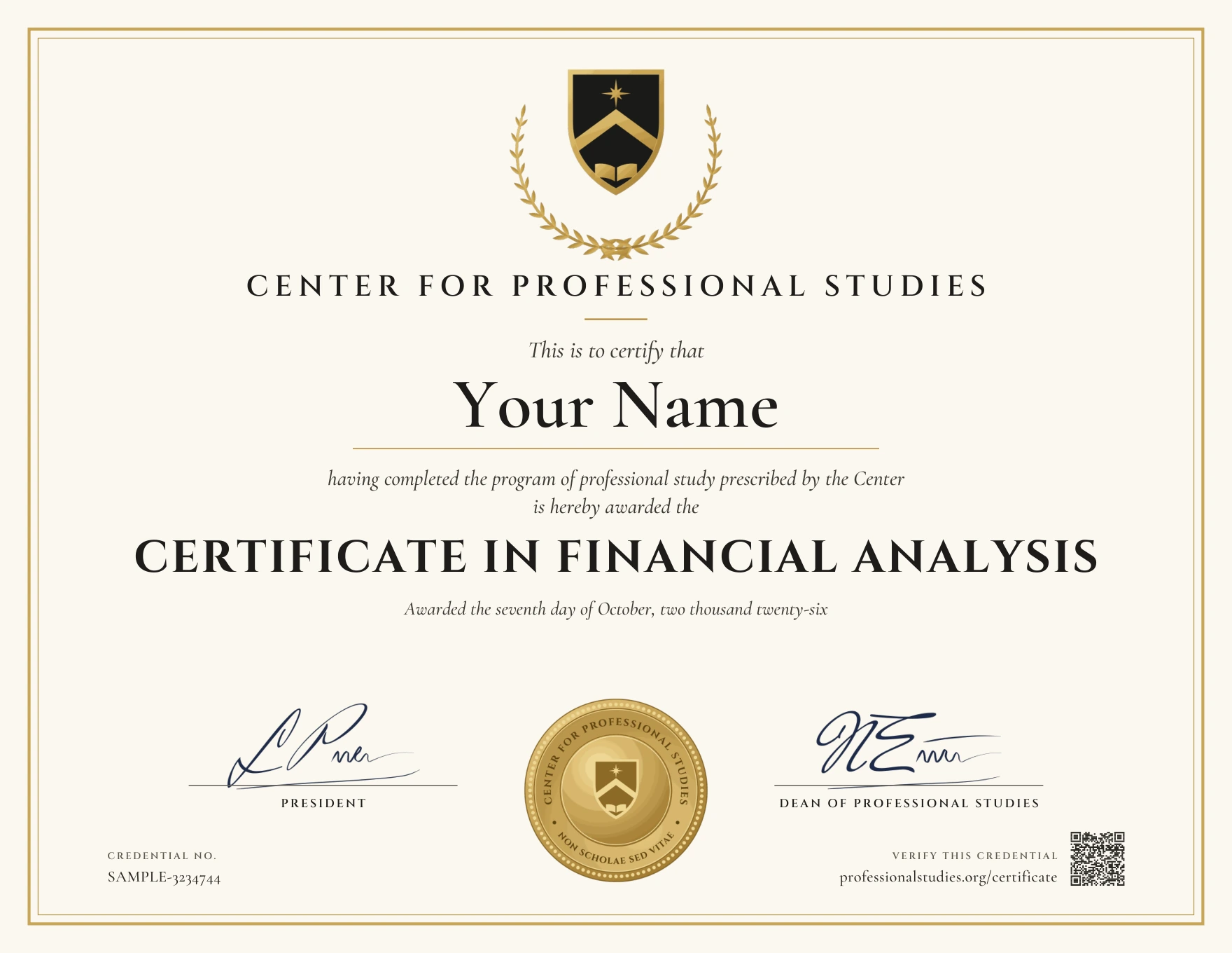 Sample Certificate in Financial Analysis, with the actual CPS award design and illustrative name, date and credential ID