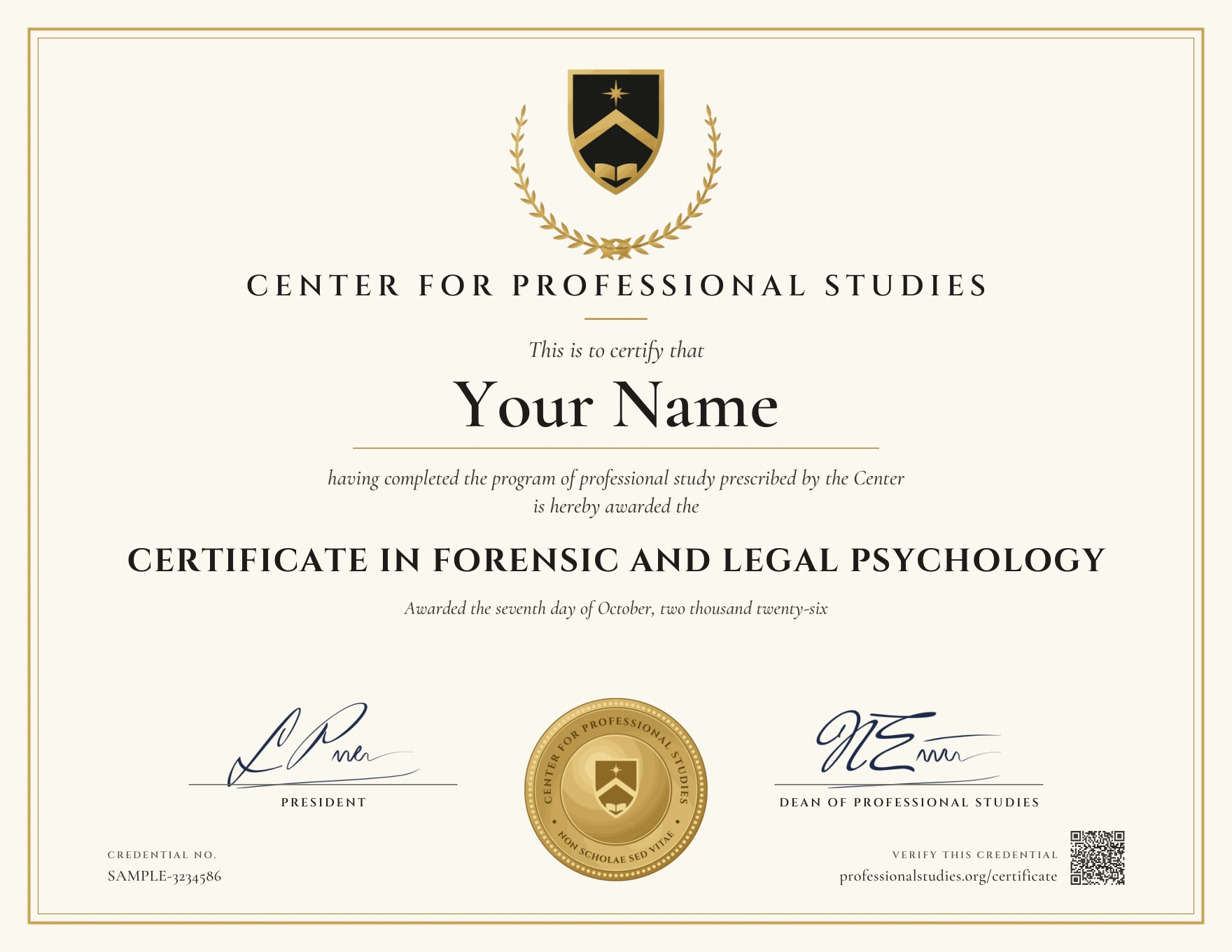 Sample Certificate in Forensic and Legal Psychology, with the actual CPS award design and illustrative name, date and credential ID