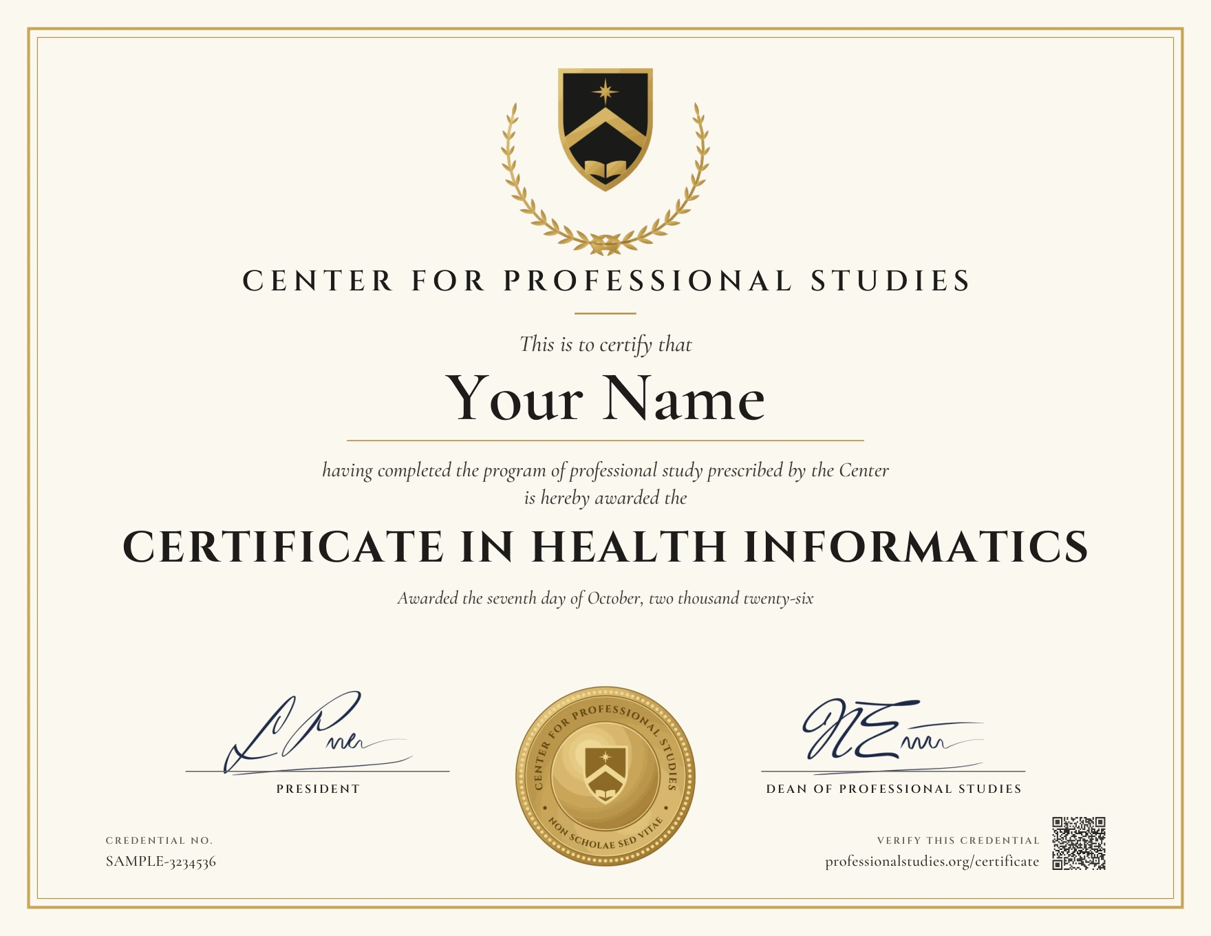 Sample Certificate in Health Informatics, with the actual CPS award design and illustrative name, date and credential ID
