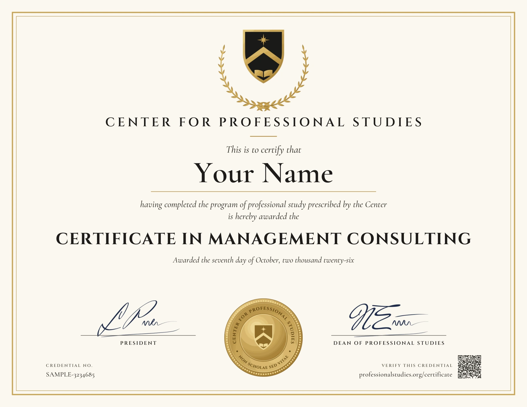 Sample Certificate in Management Consulting, with the actual CPS award design and illustrative name, date and credential ID