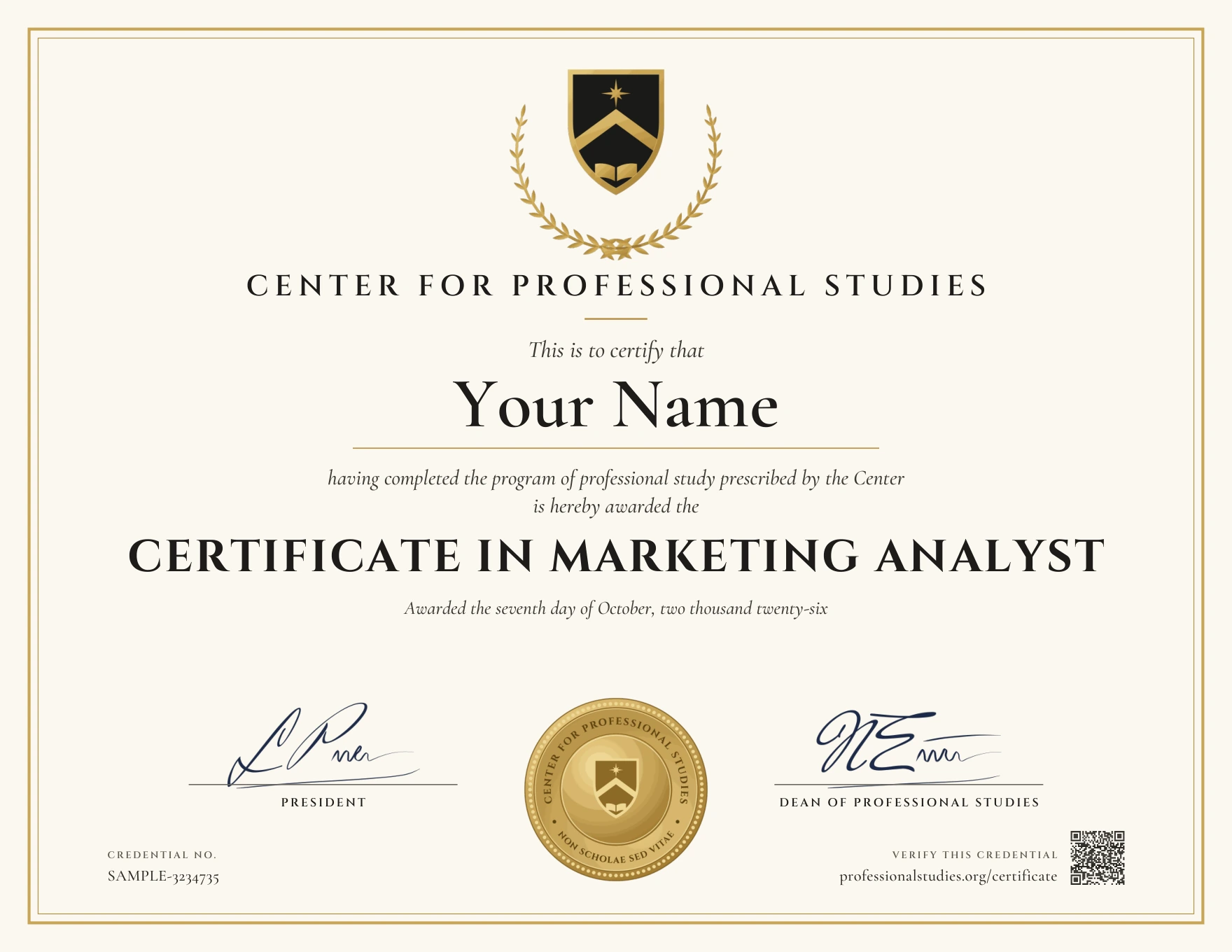 Sample Certificate in Marketing Analyst, with the actual CPS award design and illustrative name, date and credential ID