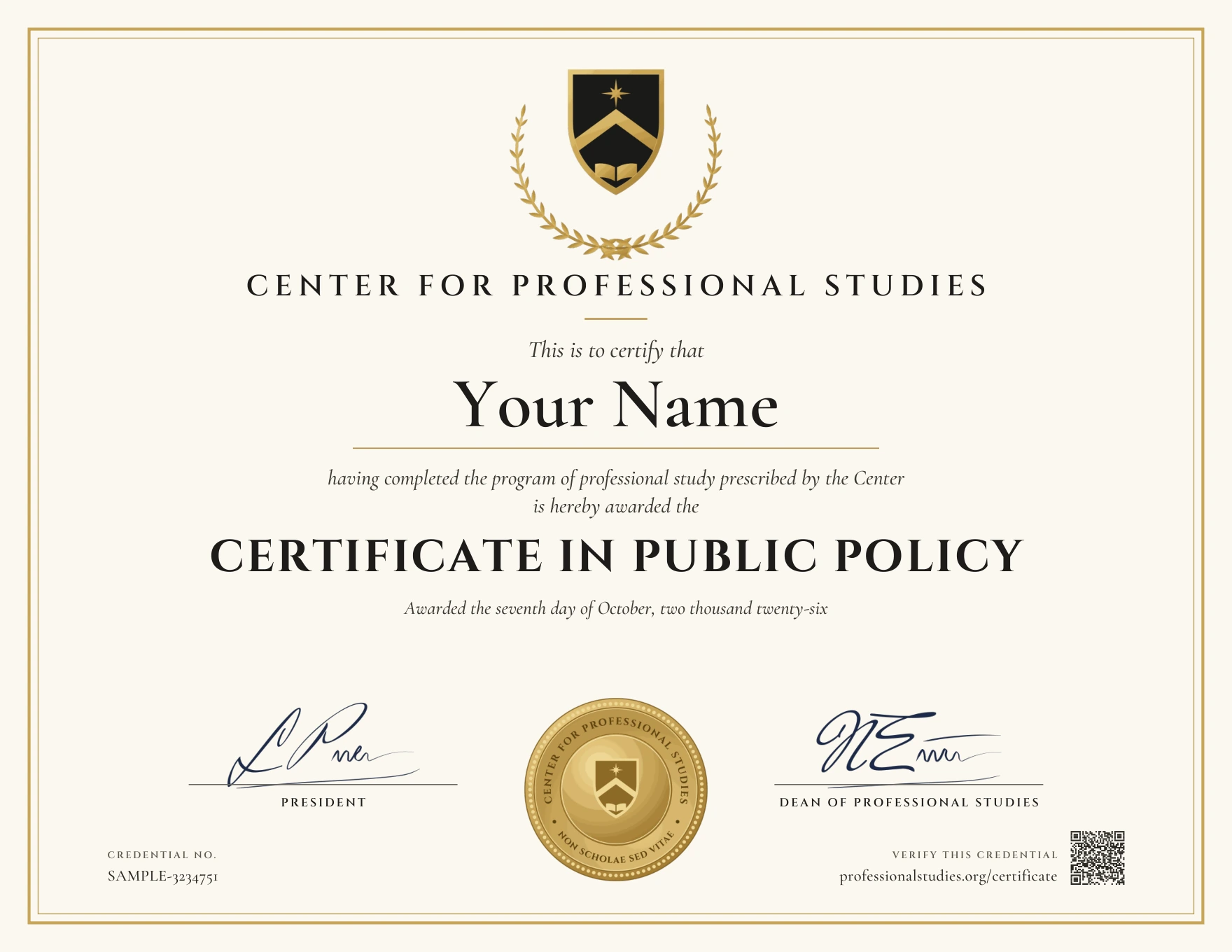 Sample Certificate in Public Policy, with the actual CPS award design and illustrative name, date and credential ID