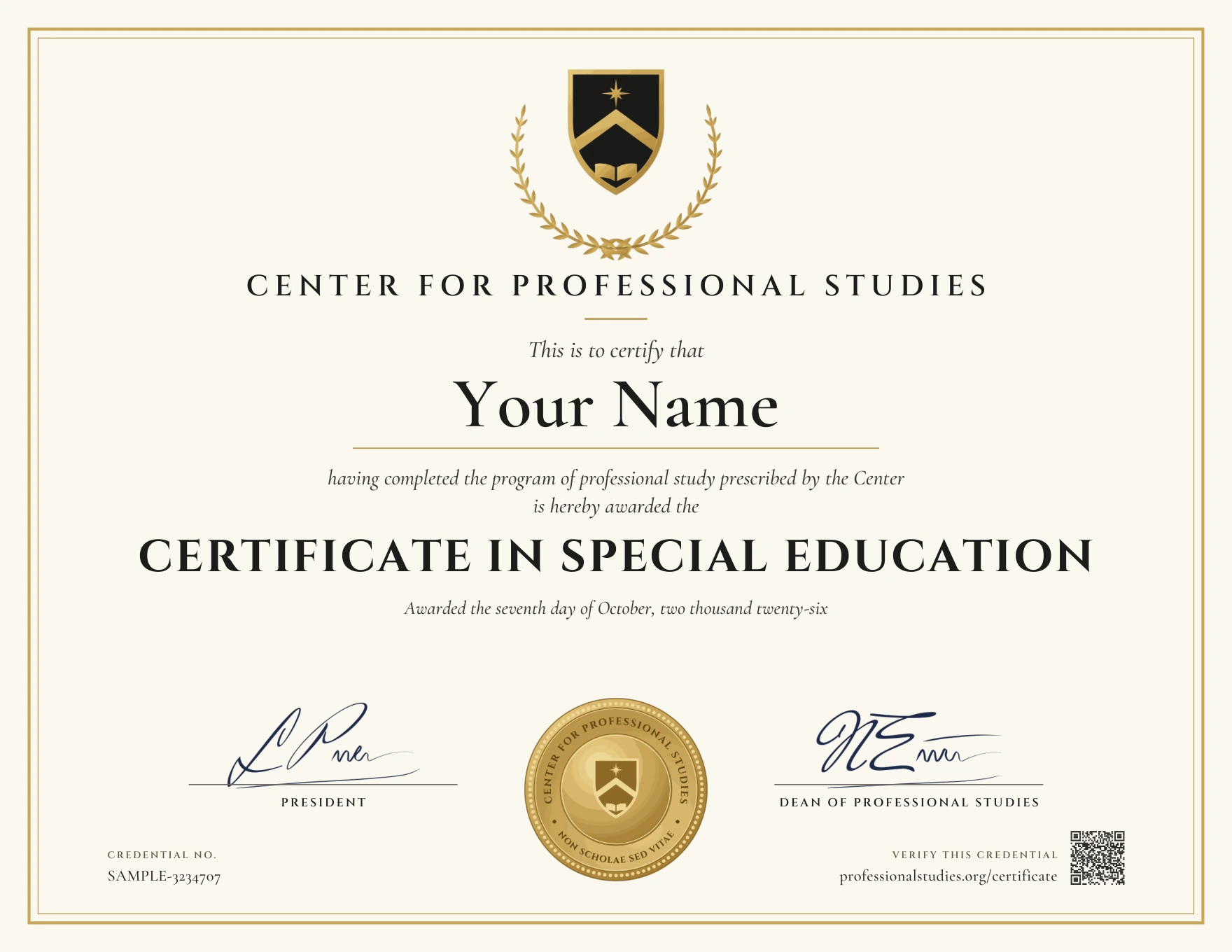 Sample Certificate in Special Education, with the actual CPS award design and illustrative name, date and credential ID