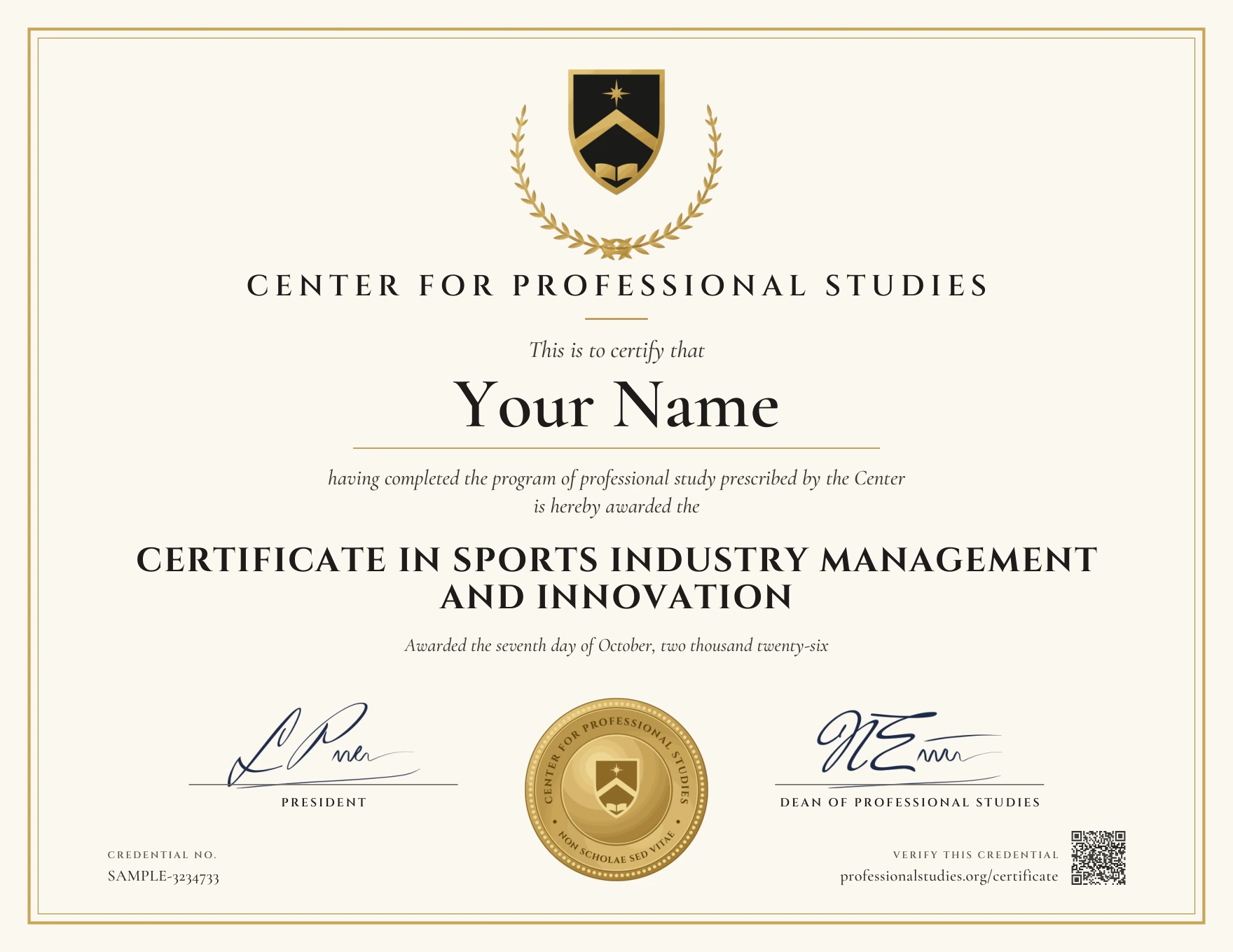 Sample Certificate in Sports Industry Management and Innovation, with the actual CPS award design and illustrative name, date and credential ID