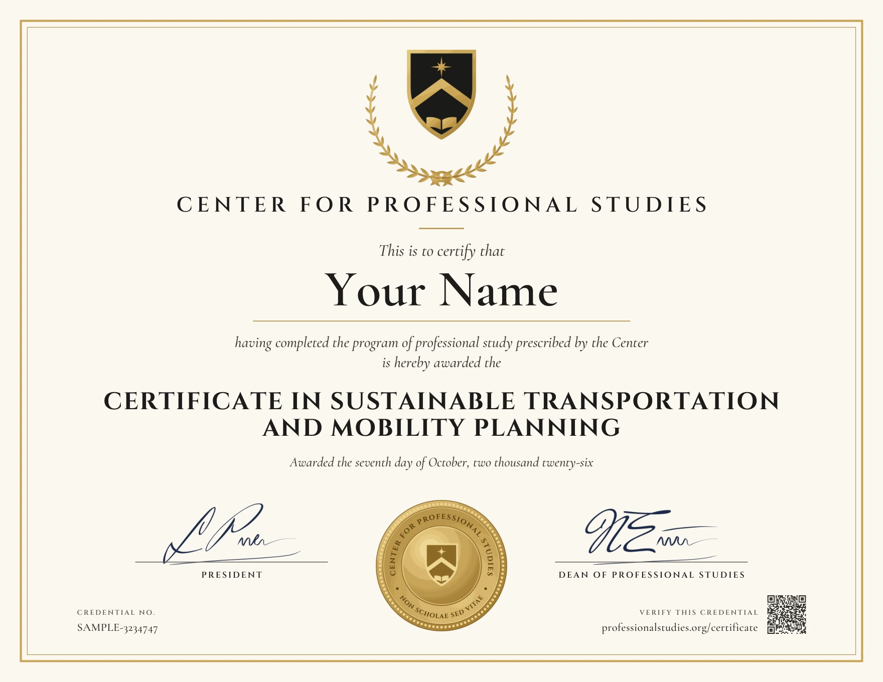 Sample Certificate in Sustainable Transportation and Mobility Planning, with the actual CPS award design and illustrative name, date and credential ID