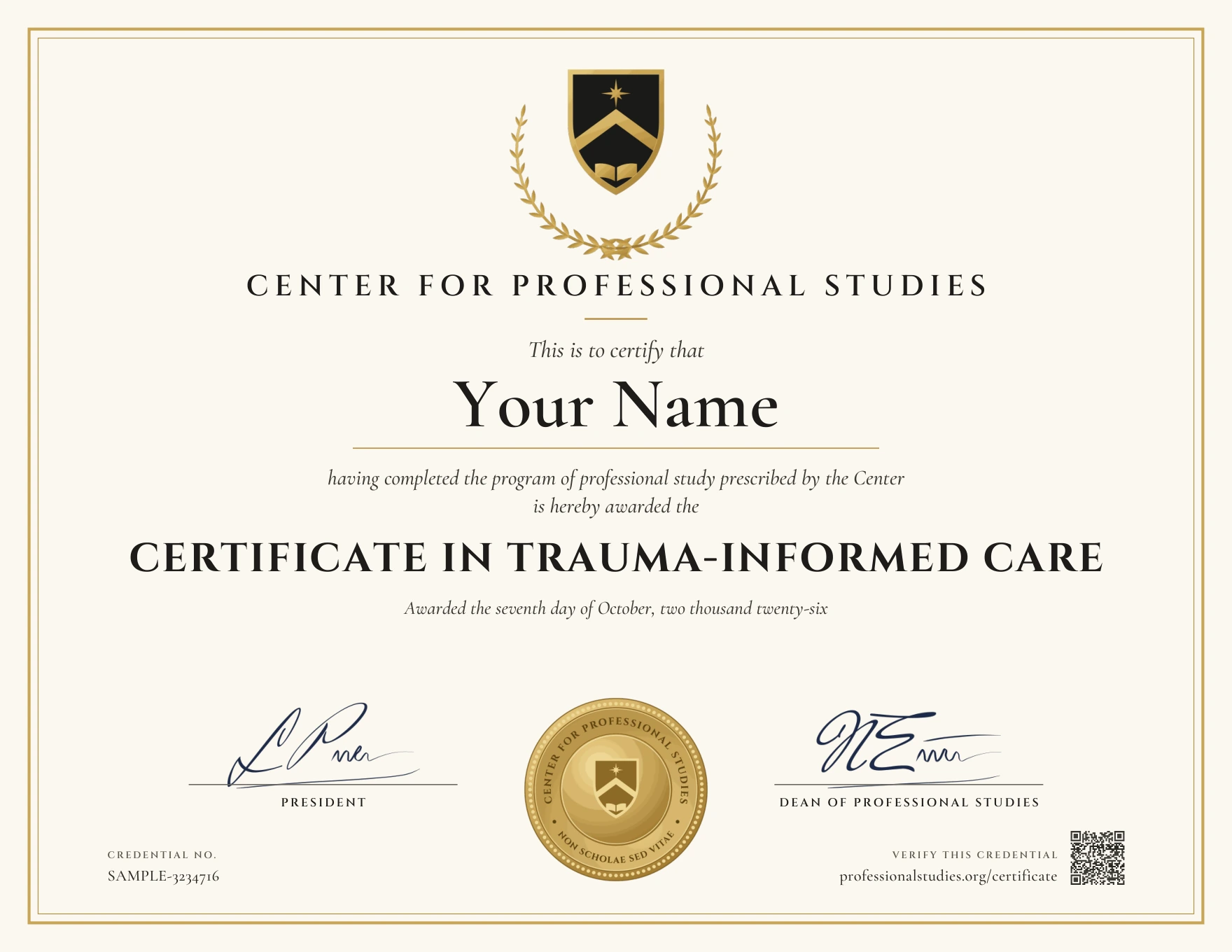Sample Certificate in Trauma-Informed Care, with the actual CPS award design and illustrative name, date and credential ID