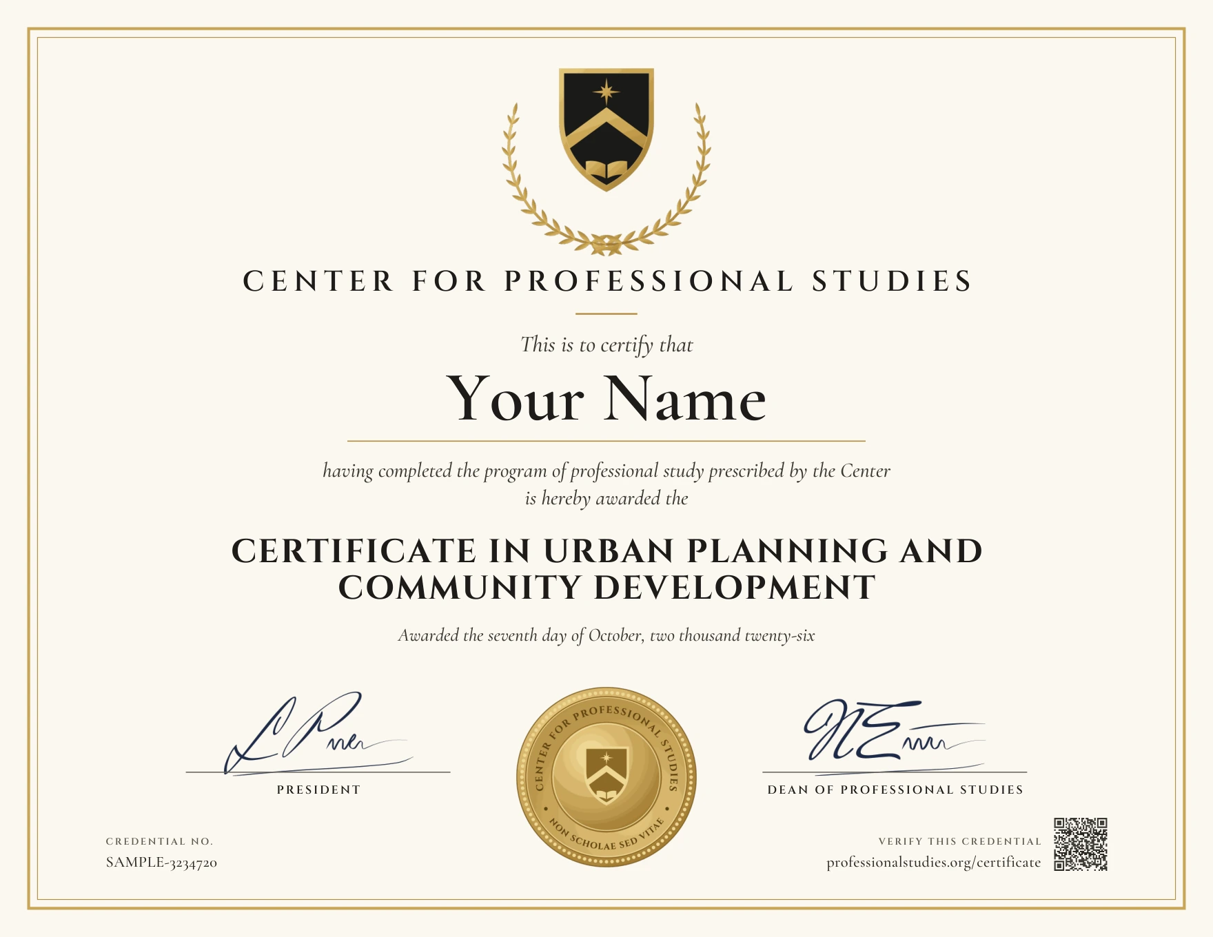 Sample Certificate in Urban Planning and Community Development, with the actual CPS award design and illustrative name, date and credential ID